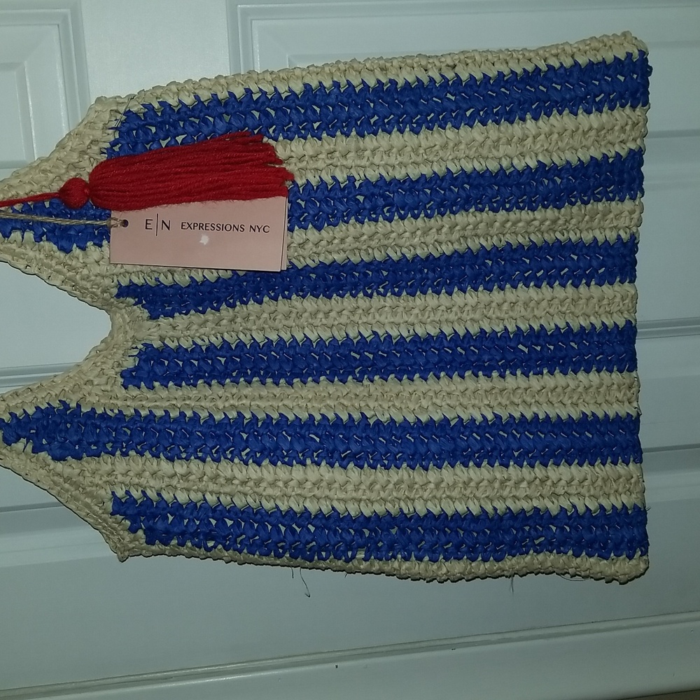 Expressions Royal Blue and Beige Striped Tote With Red Tassel NWT - Picture 11 of 13